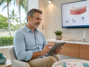 Adult patient reviewing affordable denture options on a tablet in a modern Florida dental consultation room with a denture preview on the monitor.