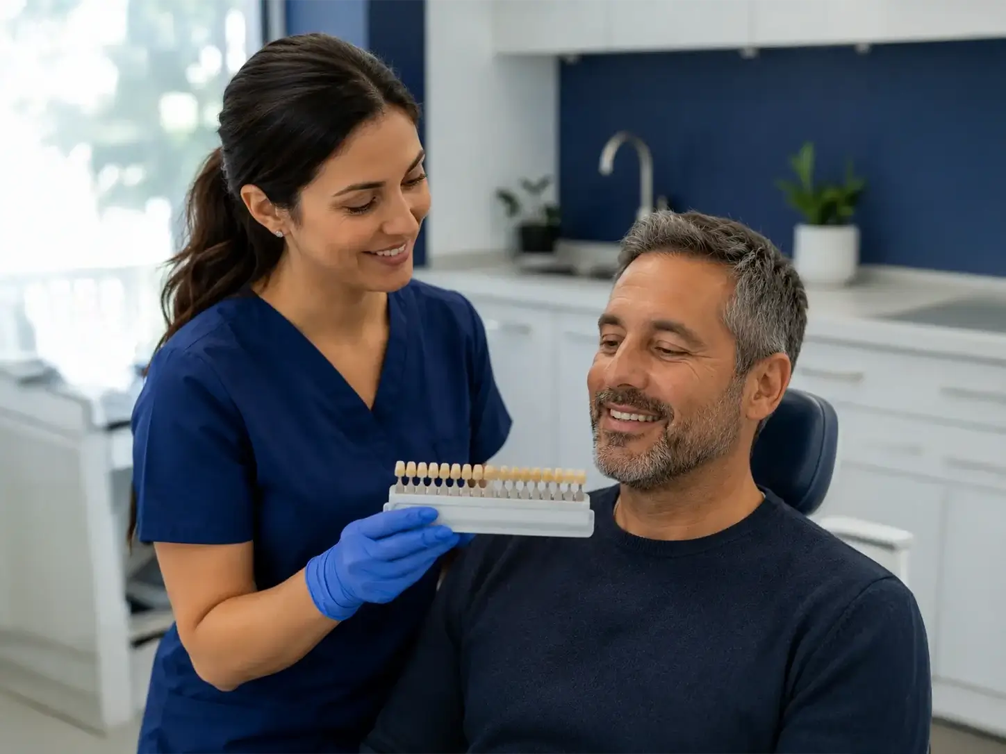 dentist using a white shade selector with a patient.