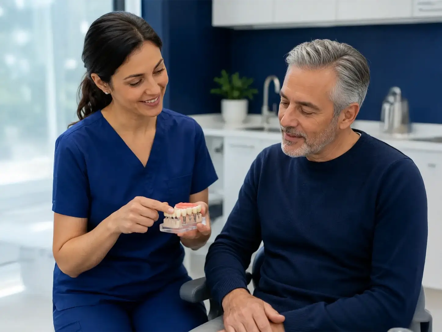 dentist reviewing an prosthodontics model with a patient