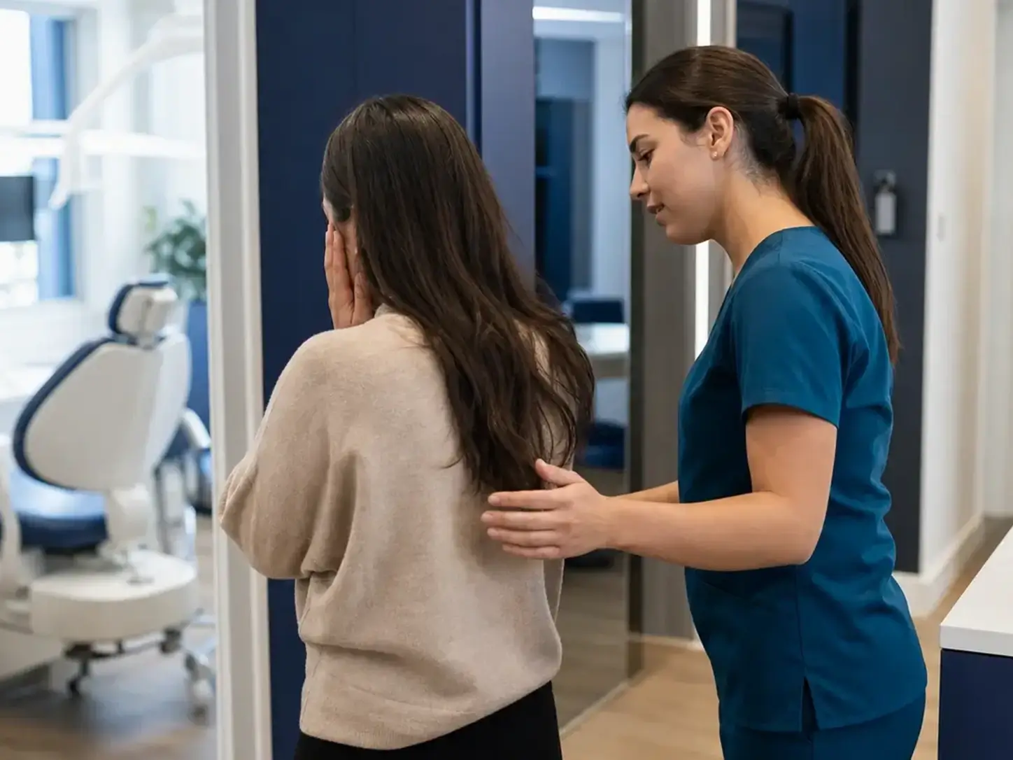 woman being led into an emergency dental appointment