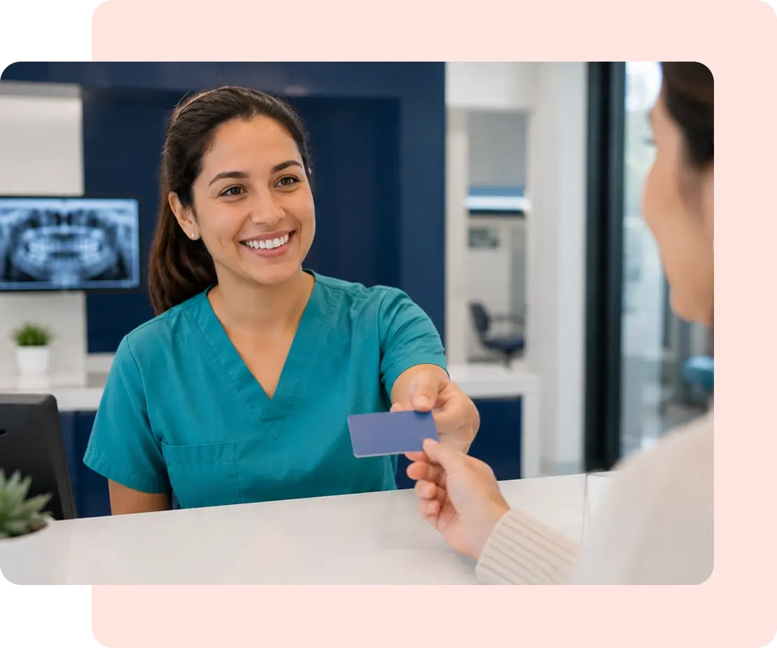 front desk receptionist with a patient