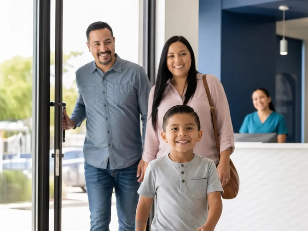 family walking into Aurora Smile Miami Flagler