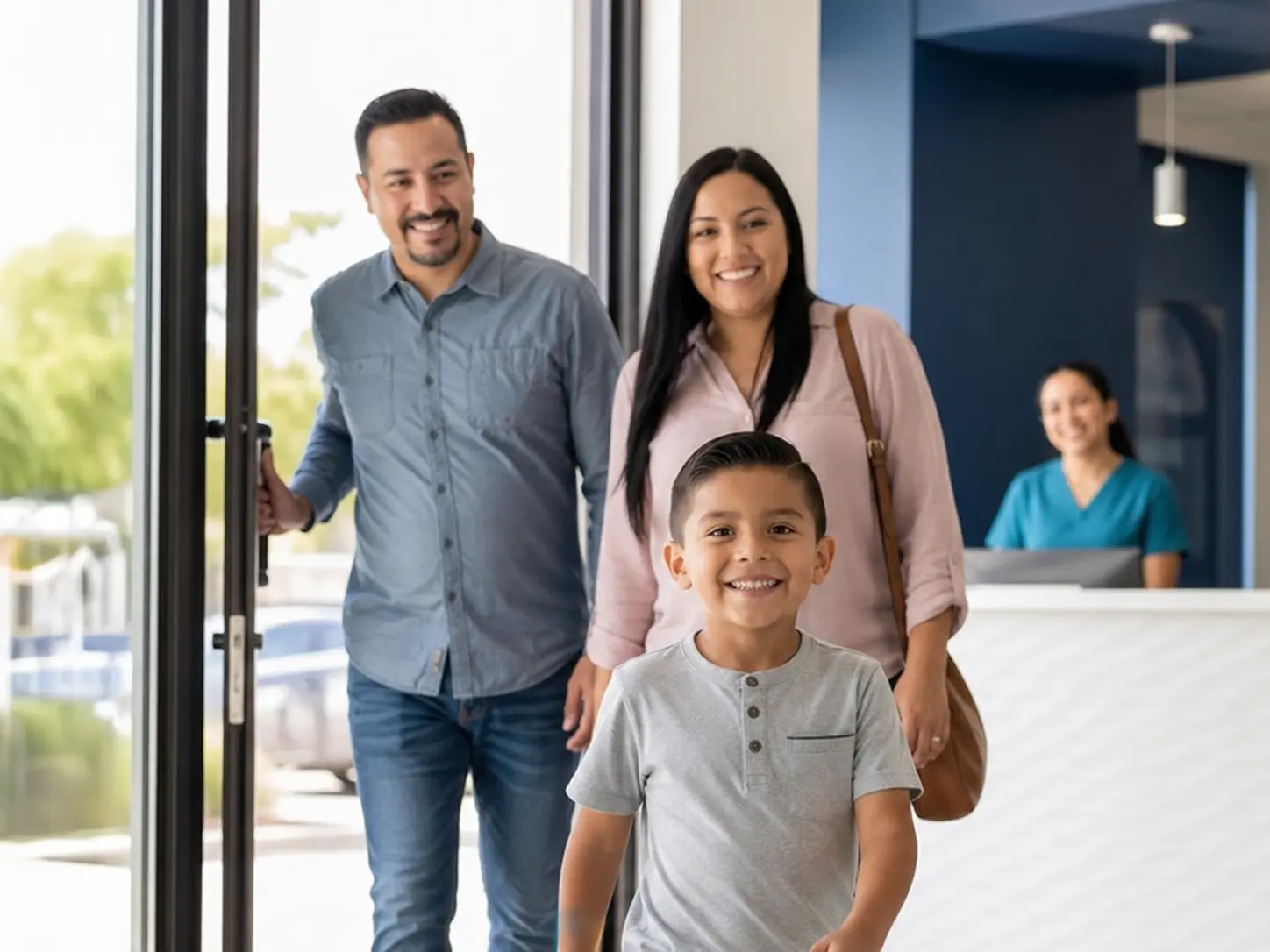 family walking into Aurora Smile Miami Flagler