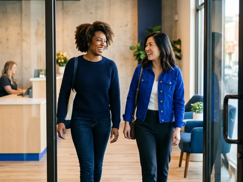 two women walking into Aurora Smile North Shore