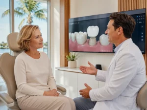 Adult patient discussing restorative dentistry options with a dentist in a modern Florida dental clinic.