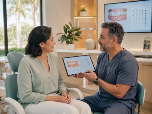 Patient reviewing affordable denture options with a restorative dentist in a modern Florida dental clinic.